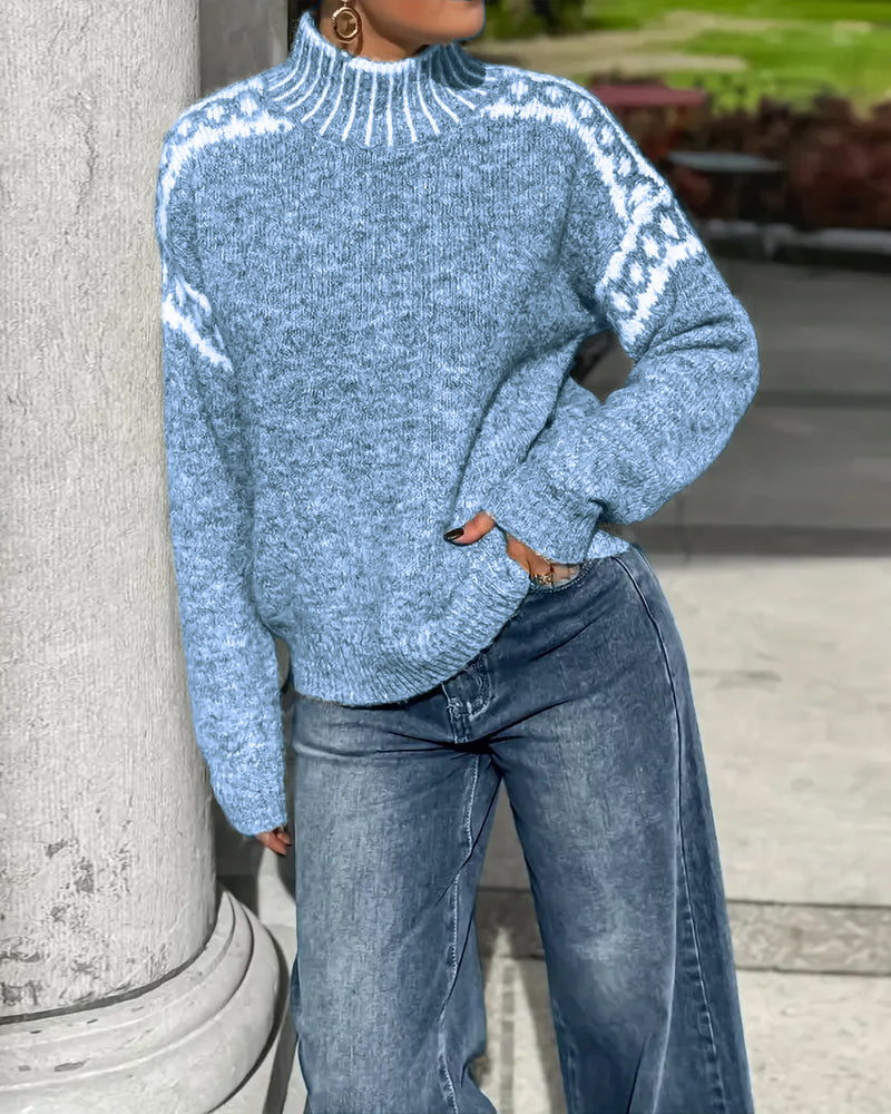 Lune & Léa - Pull Col Montant Imprimé Contrasté