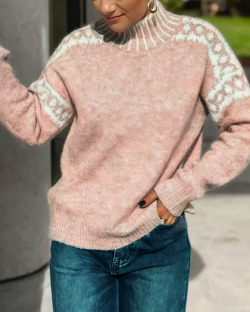 Lune & Léa - Pull Col Montant Imprimé Contrasté